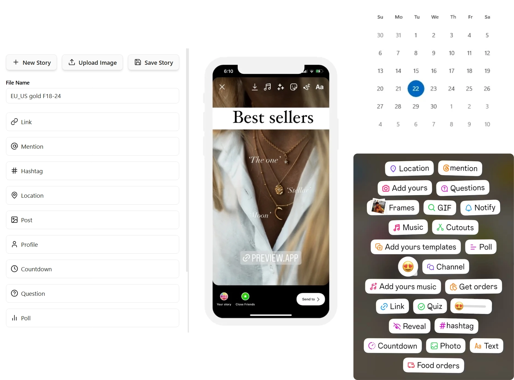 Story Sched preview showing Instagram story scheduling with native widgets